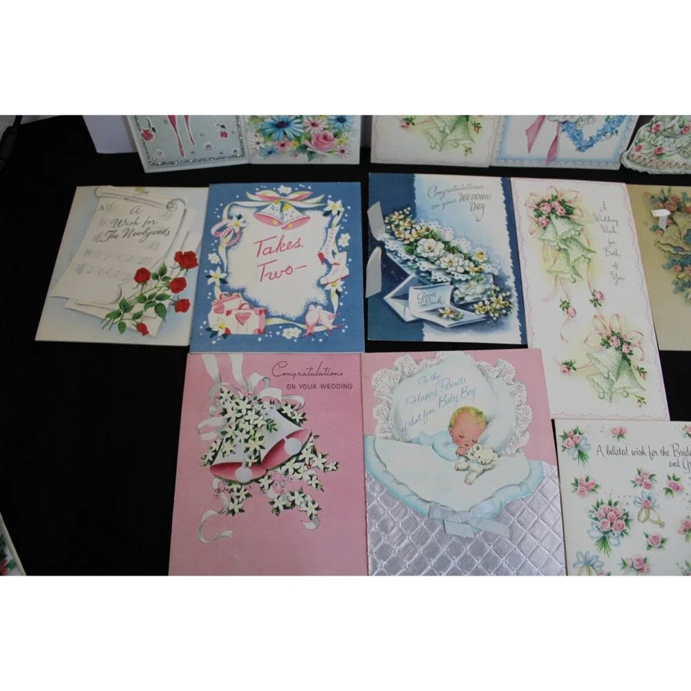 Lot 72 Vtg Baby Shower & New Baby Greeting Cards 1950s Graphics Glitter USA